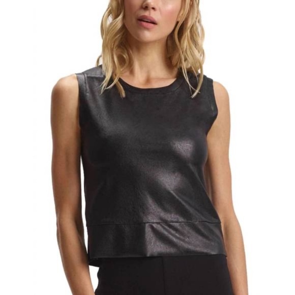 Commando Tops - Commando Faux Leather Crop Muscle Tank Top in Black Size XS